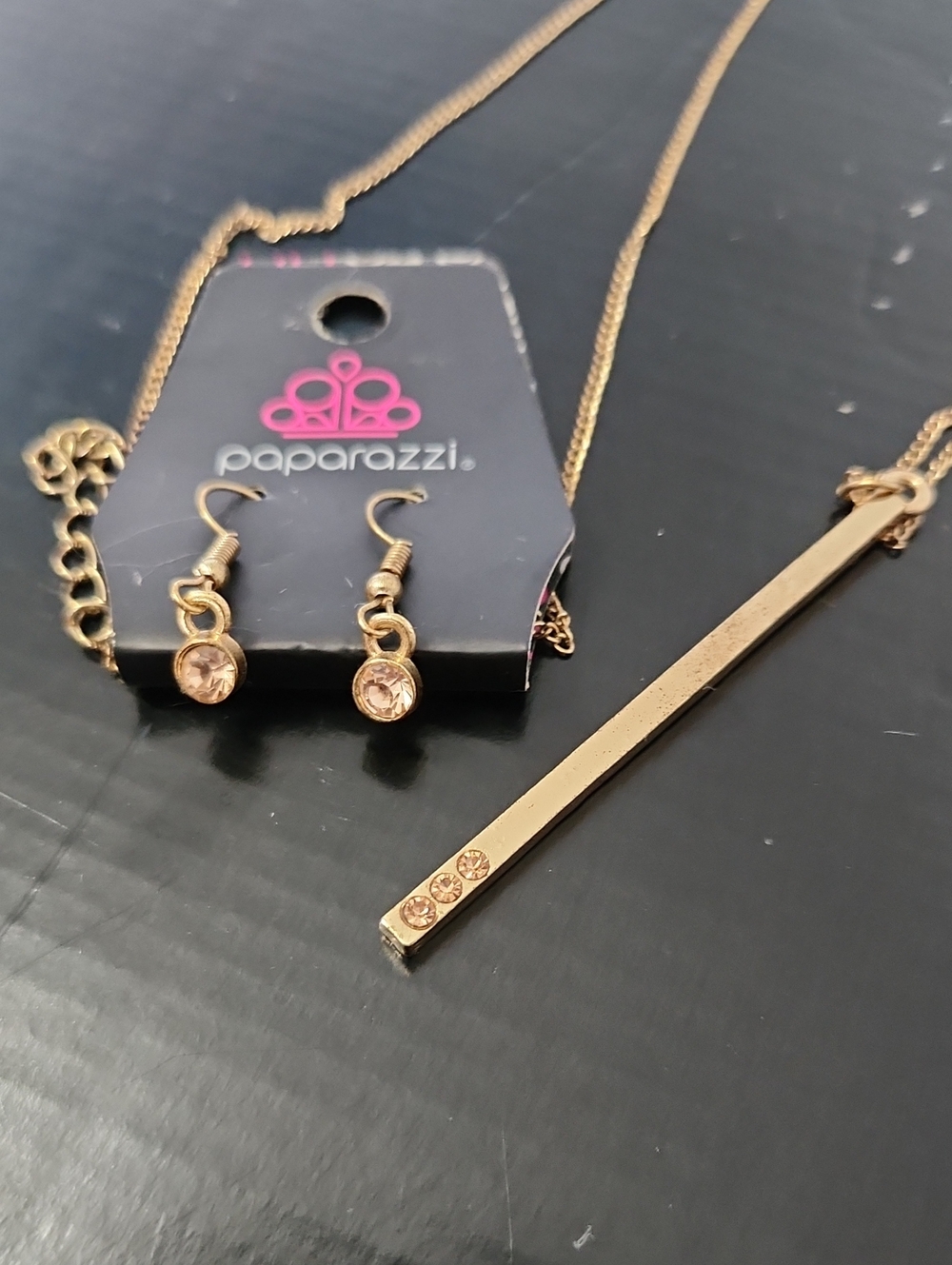 Paparazzi Gold Bar Pendant Necklace with Crystal Accent Drop Earrings - Gold